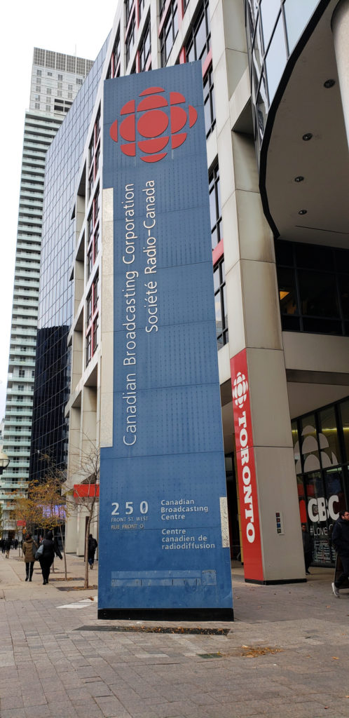 CBC sign outside CBC building in Toronto Canada's Downtown